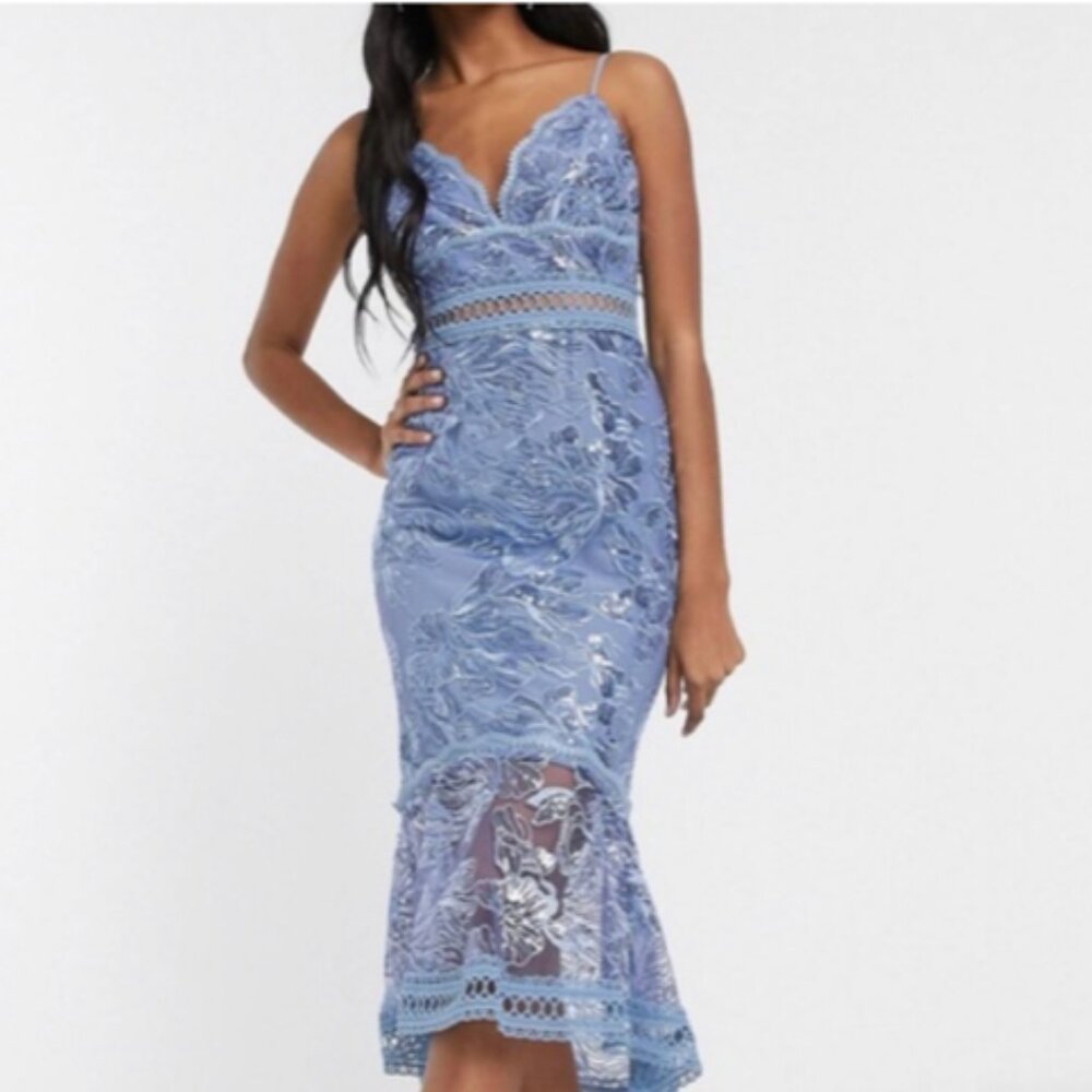 ASOS NWT Periwinkle Blue Floral Sequin Crochet Pencil Mermaid Midi Dress Size 4
